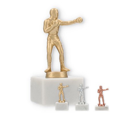 Coupe Figurine en métal Boxer sur socle en marbre blanc