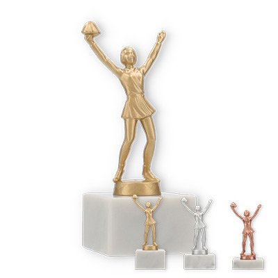 Trophy metal figure cheerleader on white marble base