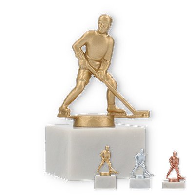 Trophy metal figure ice hockey on white marble based