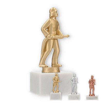 Trophy metal figure fireman on white marble base