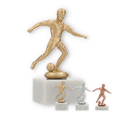 Beker metalen figuur voetbalmannen op wit marmeren voetstuk