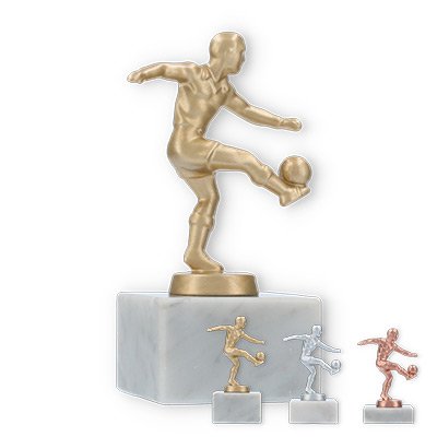 Trophy metal figure footballer on white marble base