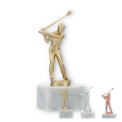 Beyaz mermer kaide üzerinde metal figürlü golf adamı kupası