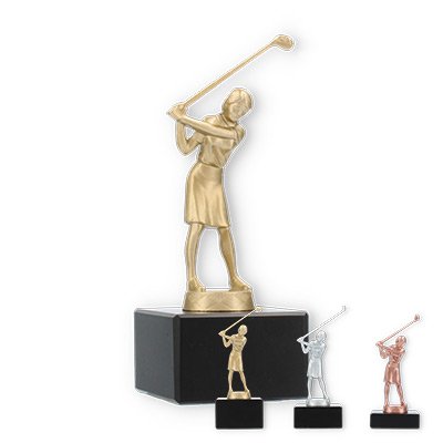 Pokal Metallfigur Golf Damen auf schwarzem Marmorsockel