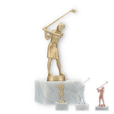 Pokal Metallfigur Golf Damen auf weißem Marmorsockel