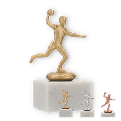 Coupe Figure métallique Joueur de handball sur socle en marbre blanc