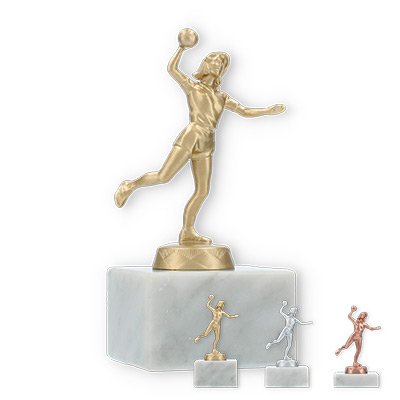 Coppa in metallo con figura di giocatrice di pallamano su base di marmo bianco
