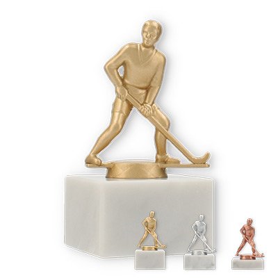 Trophy metal figure field hockey on white marble based