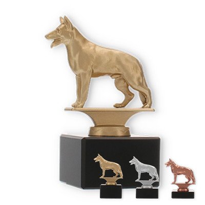 Coppa in metallo con figura di cane da pastore su base di marmo nero