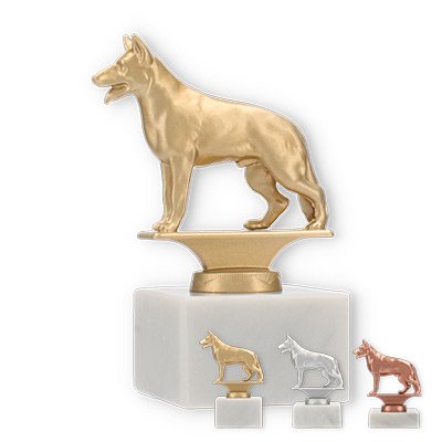 Trofeo de metal figura perro pastor sobre base de mármol blanco