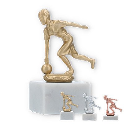 Trophy metal figure skittles female on white marble based