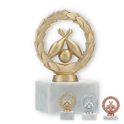 Trophy metal figure wreath cone on white marble base