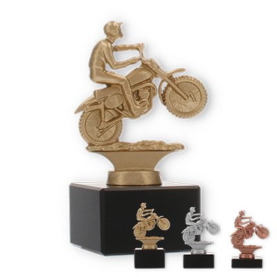 Pokal Metallfigur Motorrad auf schwarzem Marmorsockel