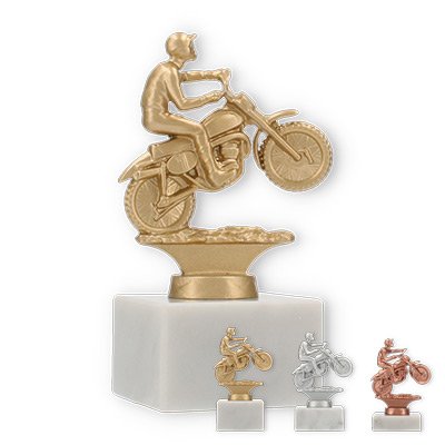 Trophy metal figure motorcycle on white marble base