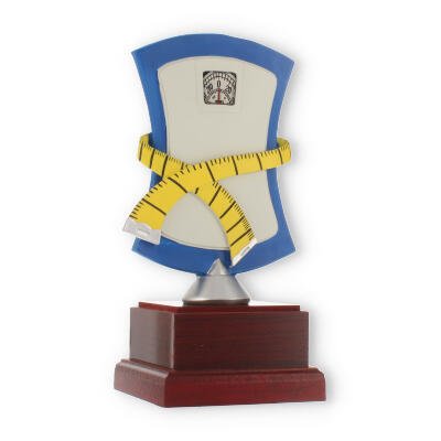 Pokal Resinfigur Waage blau-grau-gelb auf mahagonifarbenen Holzsockel