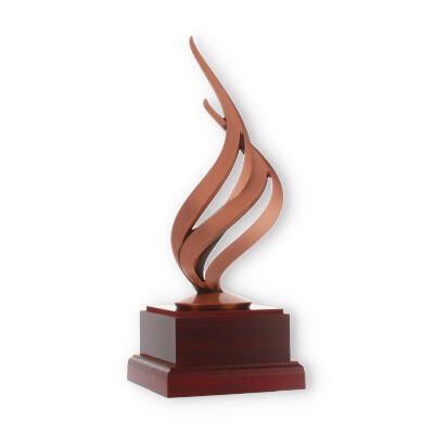 Pokal Metallfigur Flamme bronze auf mahagonifarbenen Holzsockel