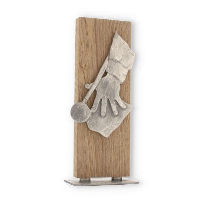 Pokal Zamakfigur Billardstoß silber auf Holzbrett