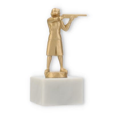 Pokal Metallfigur Gewehrschützin auf weißem Marmorsockel