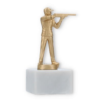 Trofeo figura de metal fusil de tiro sobre base de mármol blanco