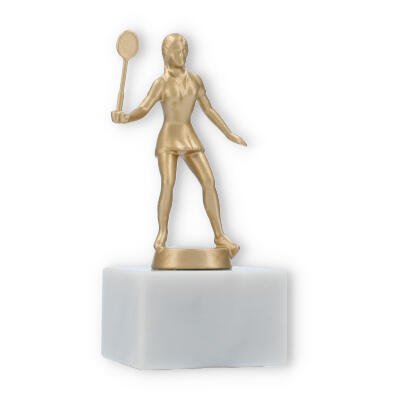 Pokal Metallfigur Squash Damen auf weißem Marmorsockel