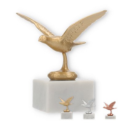Pokal Metallfigur fliegende Taube auf weißem Marmorsockel