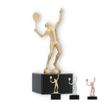 Pokal Metallfigur Tennis Herren auf schwarzem Marmorsockel