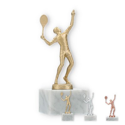 Pokal Metallfigur Tennis Herren auf weißem Marmorsockel