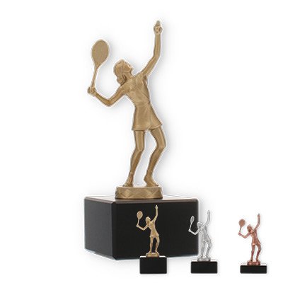 Pokal Metallfigur Tennis Damen auf schwarzem Marmorsockel