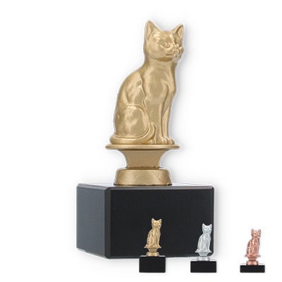 Pokal Metallfigur Katze auf schwarzem Marmorsockel