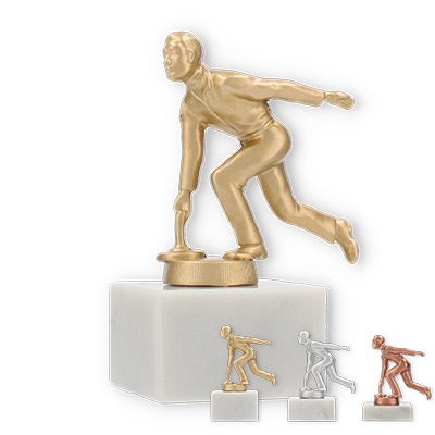 Trophy metal figure curling stone men on white marble base