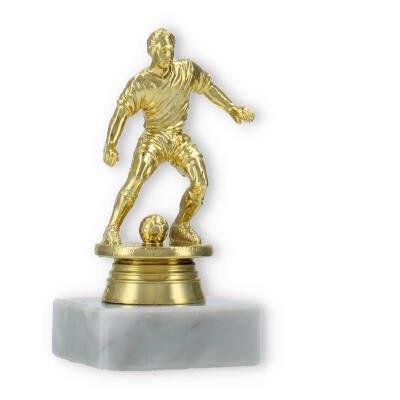 Pokal Fußballfigur Economy gold auf weißem Marmorsockel