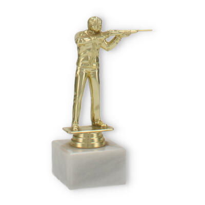 Troféus figura de plástico espingardeiro dourado sobre base de mármore branco