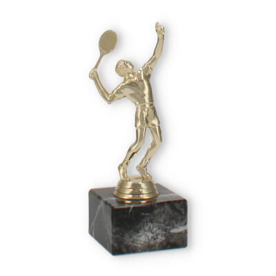 Trophée figure plastique badminton homme or sur socle marbre noir