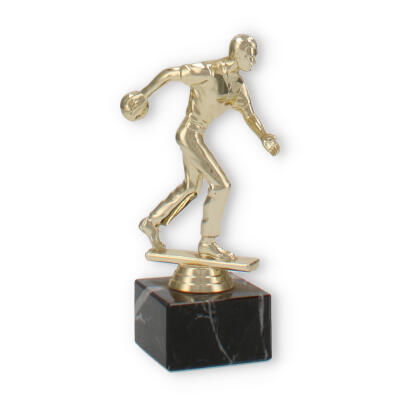 Troféu figura de plástico bowling masculino dourado sobre base de mármore preto