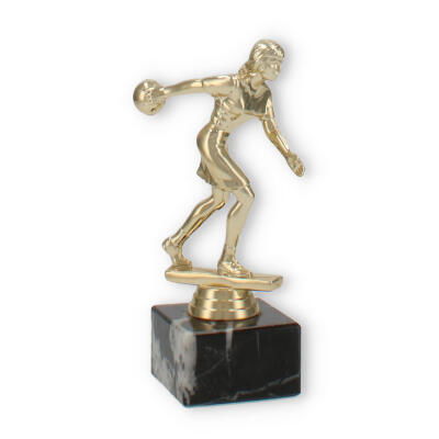 Trophées figurine plastique bowling femme or sur socle marbre noir